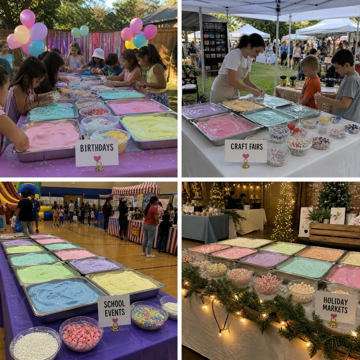 Slime Bar stations at a birthday, a craft fair, a school event and a holiday market