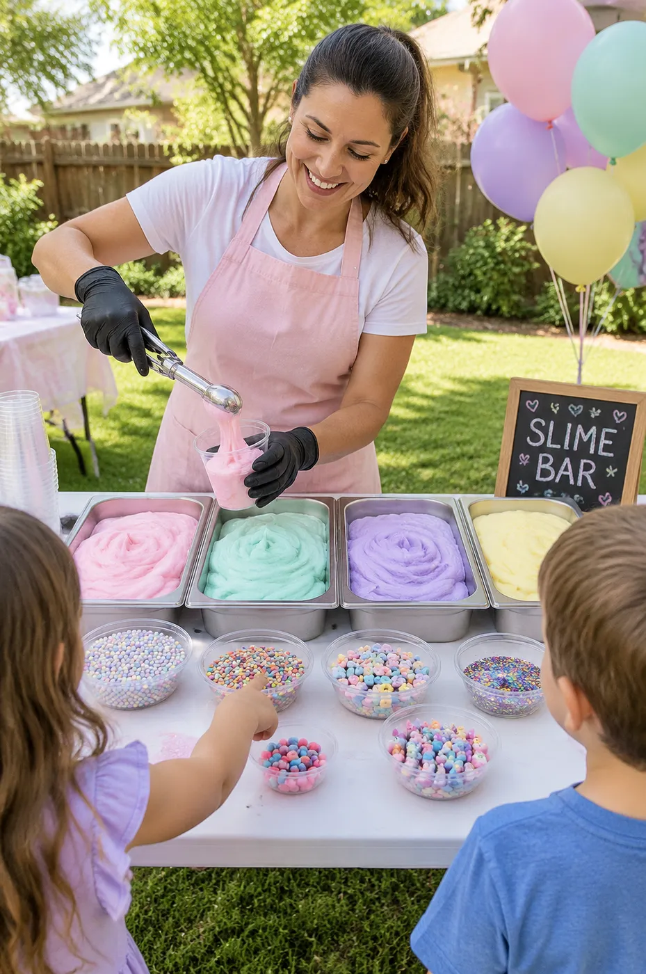 A mom serving pastel fluffy slime from ice-cream-shop trays at a backyard birthday Slime Bar