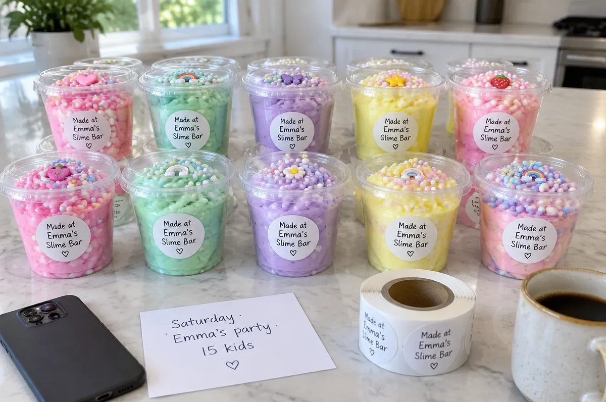 Fifteen labeled cups of decorated pastel slime ready for a birthday party